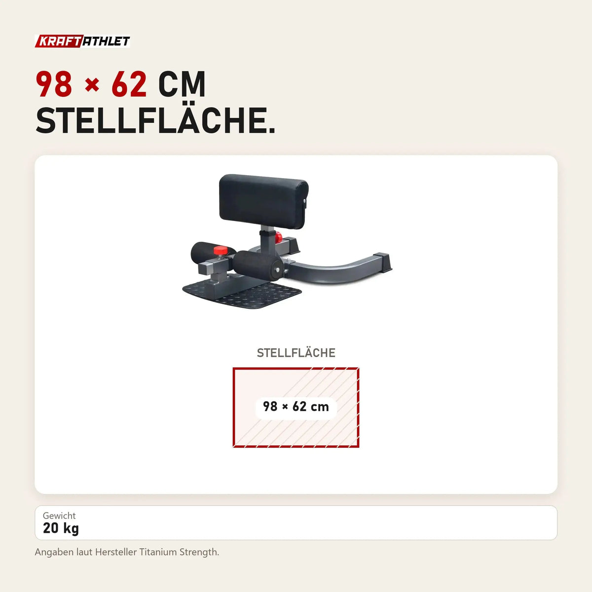 Maßbild Titanium Strength SS120 Sissy Squat: Stellfläche 98 × 62 cm