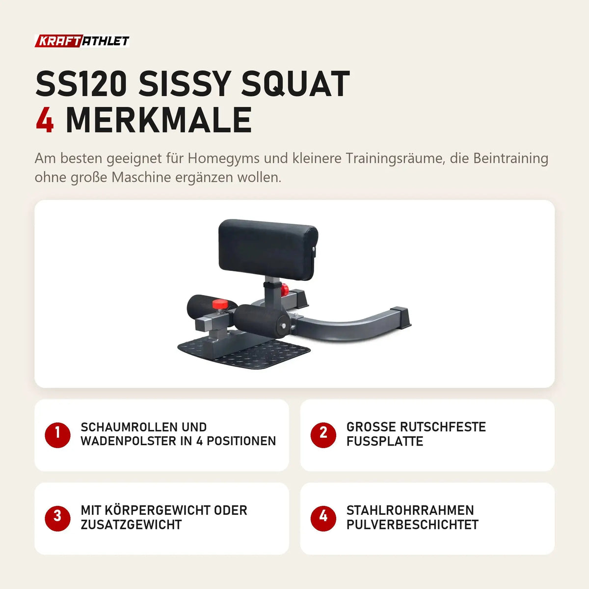 Titanium Strength SS120 Sissy Squat mit 4 Merkmalen: Schaumrollen und Wadenpolster in 4 Positionen, Große rutschfeste Fußplatte, Mit Körpergewicht oder Zusatzgewicht, Stahlrohrrahmen pulverbeschichtet