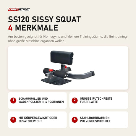 Titanium Strength SS120 Sissy Squat mit 4 Merkmalen: Schaumrollen und Wadenpolster in 4 Positionen, Große rutschfeste Fußplatte, Mit Körpergewicht oder Zusatzgewicht, Stahlrohrrahmen pulverbeschichtet