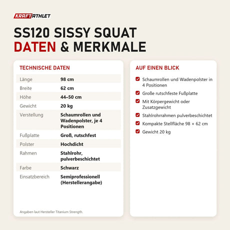 Technische Daten und Merkmale von Titanium Strength SS120 Sissy Squat als Tabelle