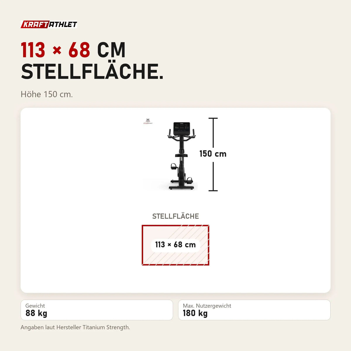 Maßbild Titanium Strength ST1100 Heimtrainer Pro Series: Stellfläche 113 × 68 cm, Höhe 150 cm