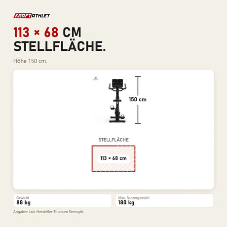 Maßbild Titanium Strength ST1100 Heimtrainer Pro Series: Stellfläche 113 × 68 cm, Höhe 150 cm