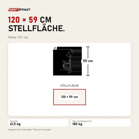 Maßbild Titanium Strength ST2000T Ergometer mit Touchscreen: Stellfläche 120 × 59 cm, Höhe 151 cm