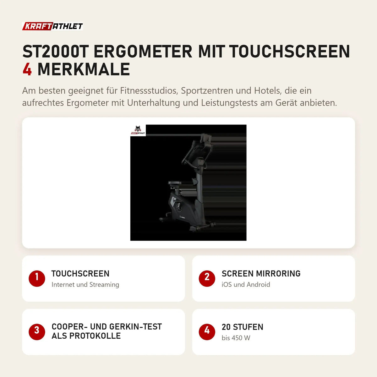 Titanium Strength ST2000T Ergometer mit Touchscreen mit 4 Merkmalen: Touchscreen, Screen Mirroring, Cooper- und Gerkin-Test als Protokolle, 20 Stufen