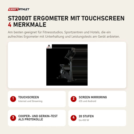 Titanium Strength ST2000T Ergometer mit Touchscreen mit 4 Merkmalen: Touchscreen, Screen Mirroring, Cooper- und Gerkin-Test als Protokolle, 20 Stufen