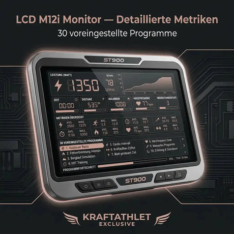 Titanium Strength ST900 LCD Upright-Ergometer Performance Series – Grafik des Monitors mit Trainingswerten und Programmen