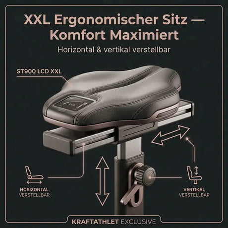 Titanium Strength ST900 LCD Upright-Ergometer Performance Series – Grafik zum horizontal und vertikal verstellbaren Sattel