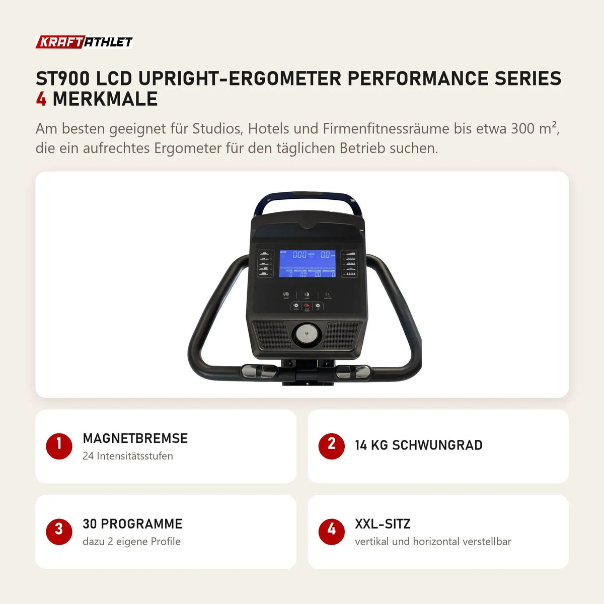 Titanium Strength ST900 LCD Upright-Ergometer Performance Series mit 4 Merkmalen: Magnetbremse, 14 kg Schwungrad, 30 Programme, XXL-Sitz