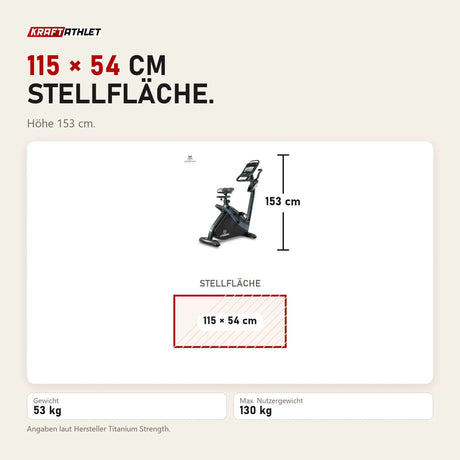 Maßbild Titanium Strength ST900 TFT Heimtrainer mit 10-Zoll-Touchscreen: Stellfläche 115 × 54 cm, Höhe 153 cm