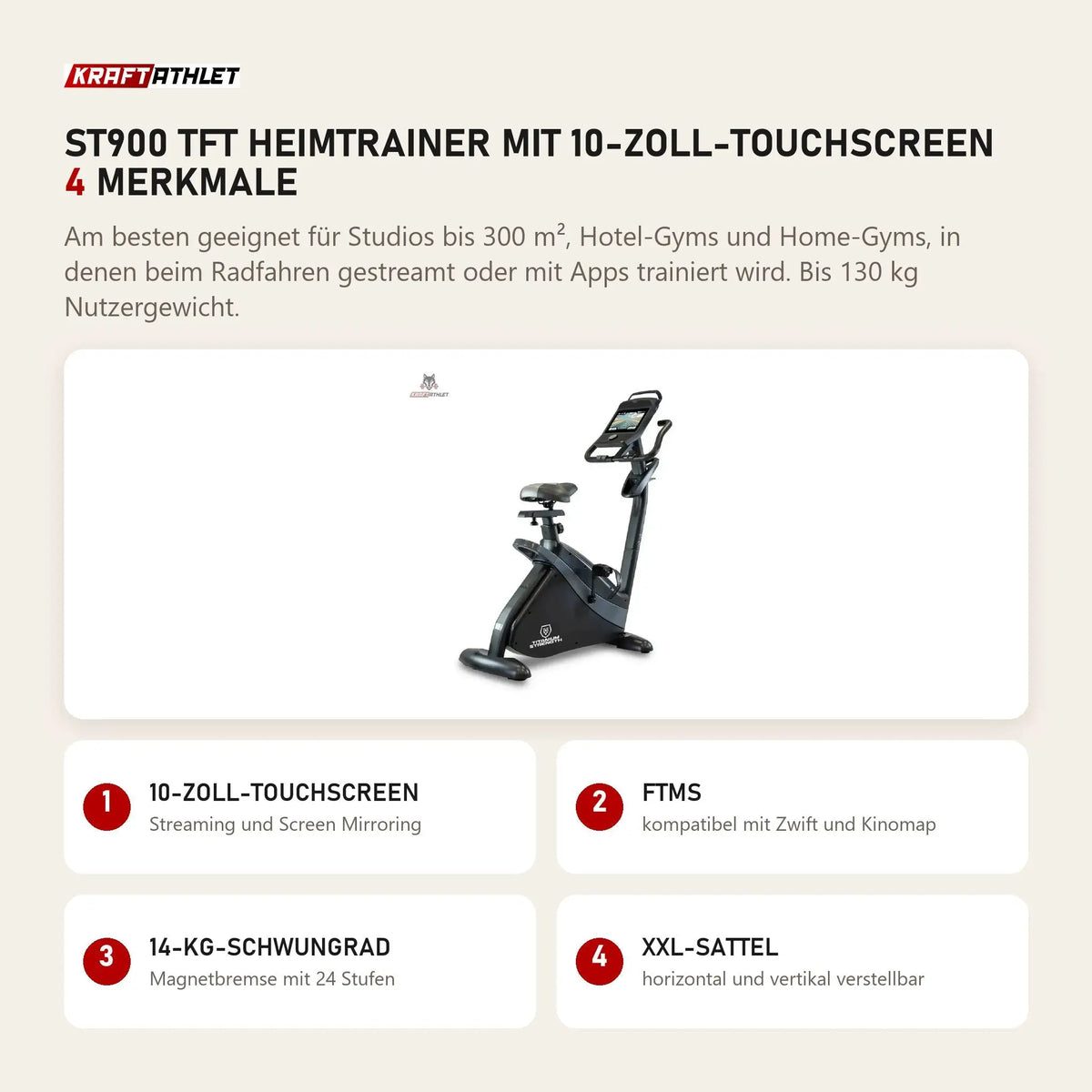 Titanium Strength ST900 TFT Heimtrainer mit 10-Zoll-Touchscreen mit 4 Merkmalen: 10-Zoll-Touchscreen, FTMS, 14-kg-Schwungrad, XXL-Sattel
