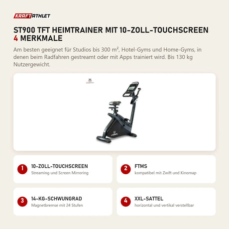 Titanium Strength ST900 TFT Heimtrainer mit 10-Zoll-Touchscreen mit 4 Merkmalen: 10-Zoll-Touchscreen, FTMS, 14-kg-Schwungrad, XXL-Sattel
