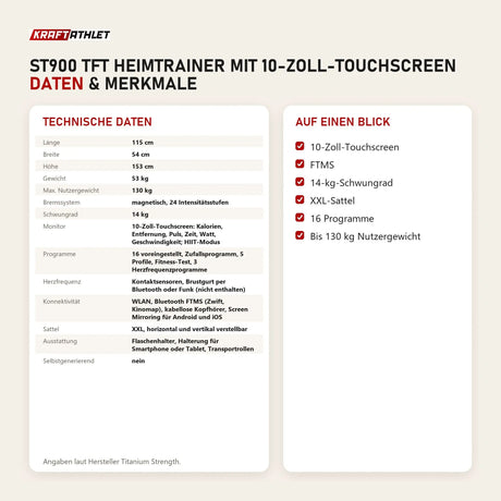 Technische Daten und Merkmale von Titanium Strength ST900 TFT Heimtrainer mit 10-Zoll-Touchscreen als Tabelle