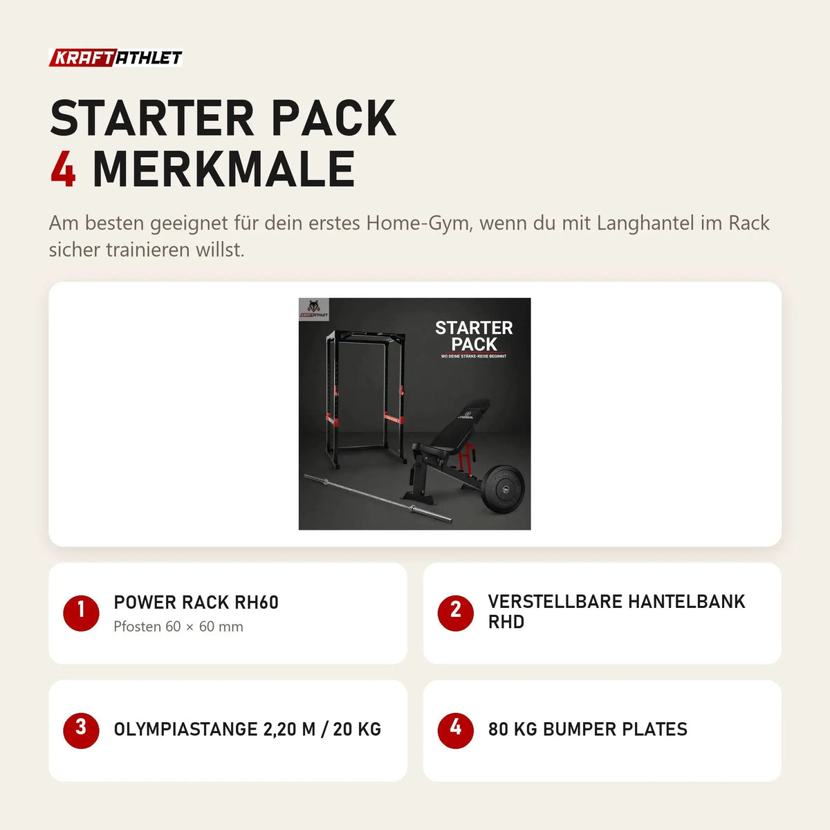 Titanium Strength Starter Pack mit 4 Merkmalen: Power Rack RH60, Verstellbare Hantelbank RHD, Olympiastange 2,20 m / 20 kg, 80 kg Bumper Plates