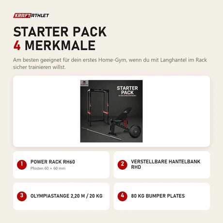Titanium Strength Starter Pack mit 4 Merkmalen: Power Rack RH60, Verstellbare Hantelbank RHD, Olympiastange 2,20 m / 20 kg, 80 kg Bumper Plates