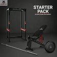 Titanium Strength Starter Pack: Power Rack, Hantelbank, Langhantel und Hantelscheibe vor dunklem Hintergrund