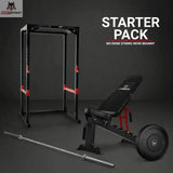 Titanium Strength Starter Pack: Power Rack, Hantelbank, Langhantel und Hantelscheibe vor dunklem Hintergrund