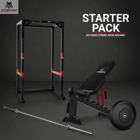 Titanium Strength Starter Pack: Power Rack, Hantelbank, Langhantel und Hantelscheibe vor dunklem Hintergrund
