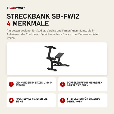 Titanium Strength Streckbank SB-FW12 mit 4 Merkmalen: Dehnungen im Sitzen und im Stehen, Doppelgriff mit mehreren Griffpositionen, Fußpedale fixieren die Beine, Sitzpolster für sitzende Dehnungen