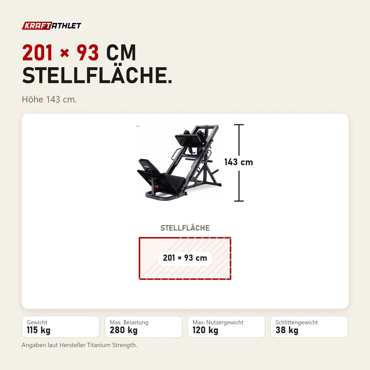 Maßbild Titanium Strength Supreme Beinpresse / Hack Squat: Stellfläche 201 × 93 cm, Höhe 143 cm