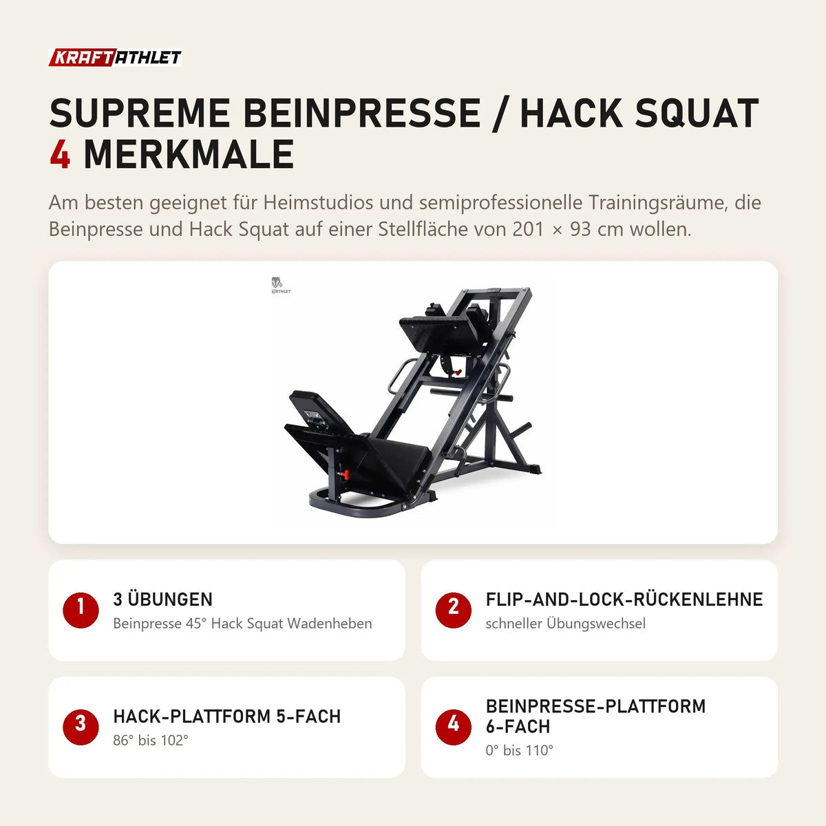 Titanium Strength Supreme Beinpresse / Hack Squat mit 4 Merkmalen: 3 Übungen, Flip-and-Lock-Rückenlehne, Hack-Plattform 5-fach, Beinpresse-Plattform 6-fach