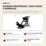 Titanium Strength Supreme Beinpresse / Hack Squat mit 4 Merkmalen: 3 Übungen, Flip-and-Lock-Rückenlehne, Hack-Plattform 5-fach, Beinpresse-Plattform 6-fach
