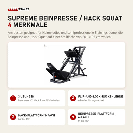 Titanium Strength Supreme Beinpresse / Hack Squat mit 4 Merkmalen: 3 Übungen, Flip-and-Lock-Rückenlehne, Hack-Plattform 5-fach, Beinpresse-Plattform 6-fach