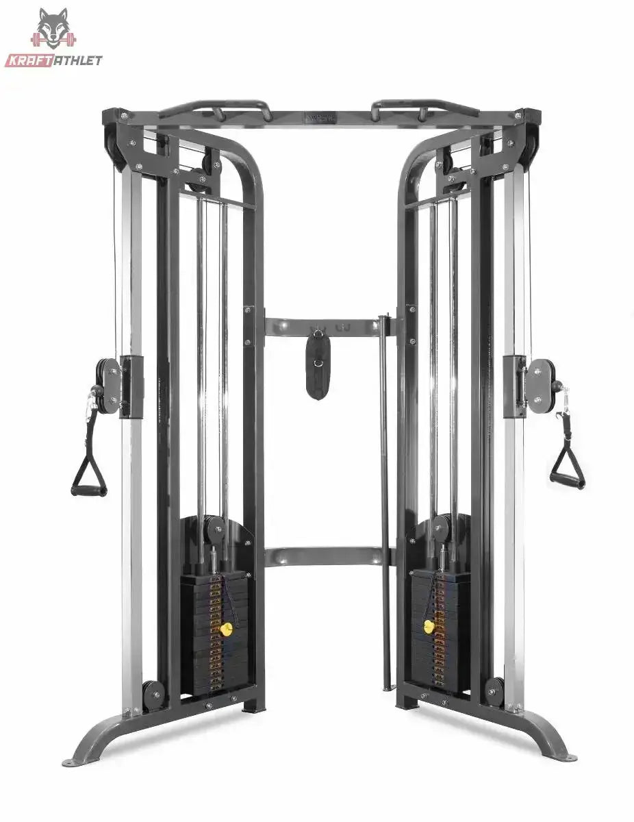 Titanium Strength TAP Doppel-Kabelzugstation in Frontansicht mit zwei Gewichtsstapeln und Griffen