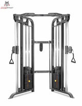 Titanium Strength TAP Doppel-Kabelzugstation in Frontansicht mit zwei Gewichtsstapeln und Griffen