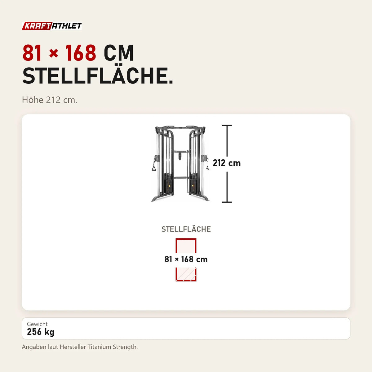 Maßbild Titanium Strength TAP Doppel-Kabelzugstation: Stellfläche 81 × 168 cm, Höhe 212 cm