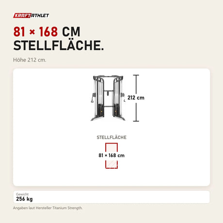 Maßbild Titanium Strength TAP Doppel-Kabelzugstation: Stellfläche 81 × 168 cm, Höhe 212 cm