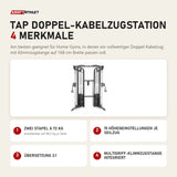 Titanium Strength TAP Doppel-Kabelzugstation mit 4 Merkmalen: Zwei Stapel à 72 kg, 15 Höheneinstellungen je Seilzug, Übersetzung 2:1, Multigriff-Klimmzugstange integriert