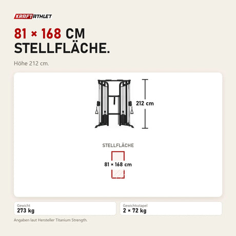 Maßbild Titanium Strength TAP PRO Kabelzugstation: Stellfläche 81 × 168 cm, Höhe 212 cm