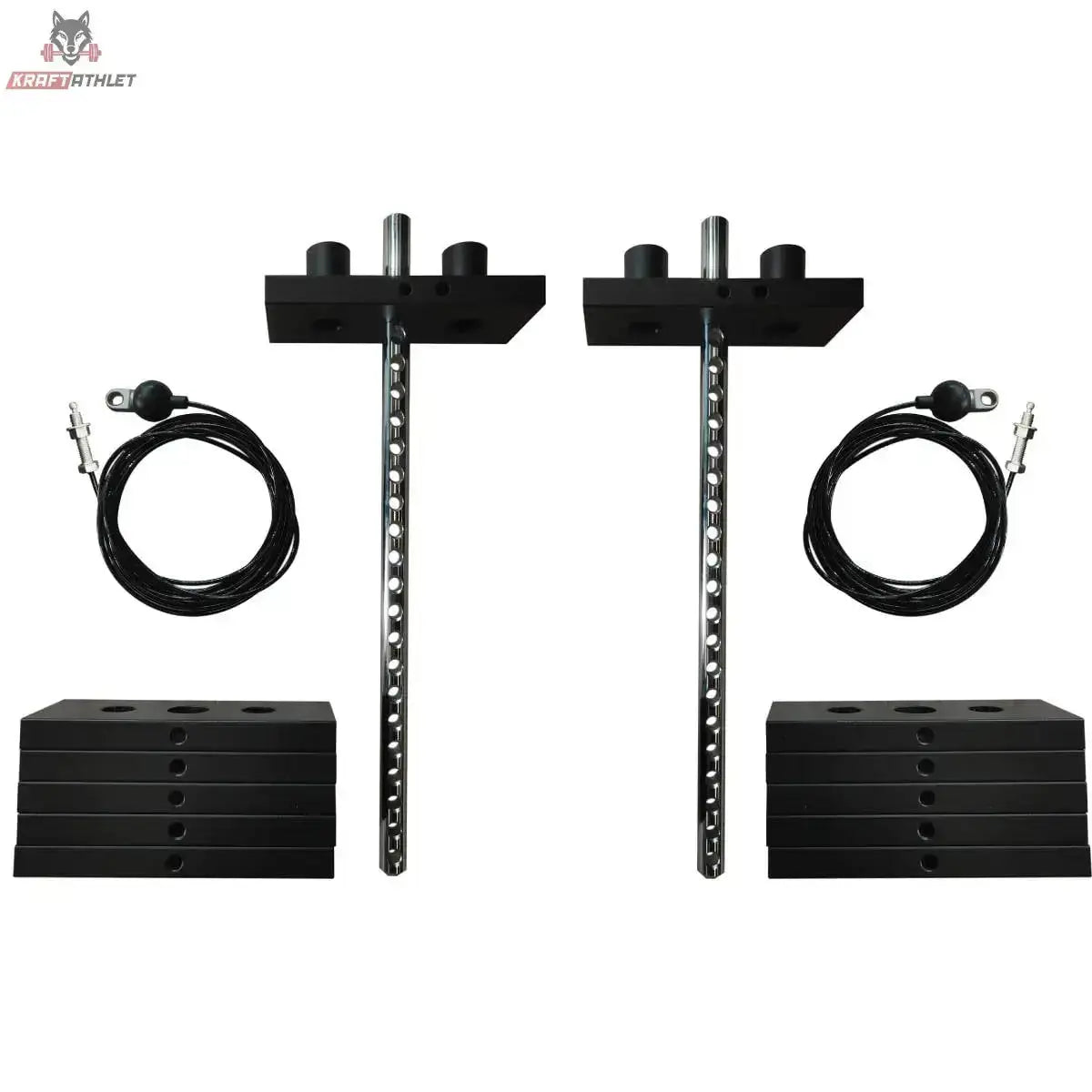 Titanium Strength TAP Zusatzgewichte 2 × 22,5 kg, Gewichtsstapel, Führungsstangen und Seile im Überblick