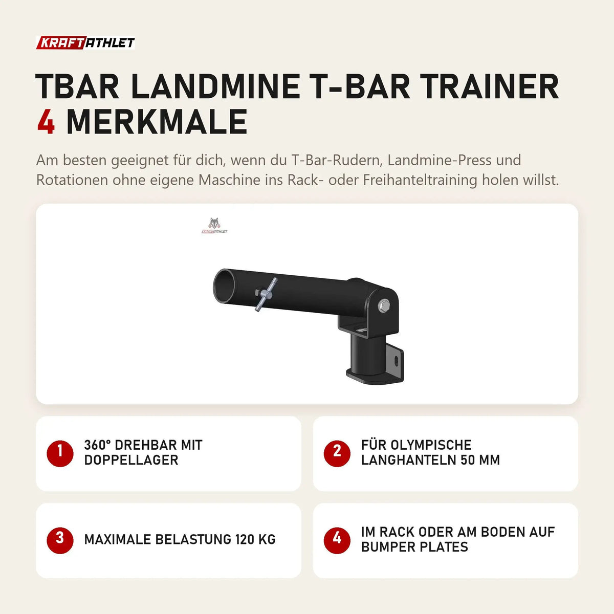 Titanium Strength TBAR Landmine T-Bar Trainer mit 4 Merkmalen: 360° drehbar mit Doppellager, Für olympische Langhanteln 50 mm, Maximale Belastung 120 kg, Im Rack oder am Boden auf Bumper Plates
