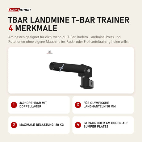 Titanium Strength TBAR Landmine T-Bar Trainer mit 4 Merkmalen: 360° drehbar mit Doppellager, Für olympische Langhanteln 50 mm, Maximale Belastung 120 kg, Im Rack oder am Boden auf Bumper Plates