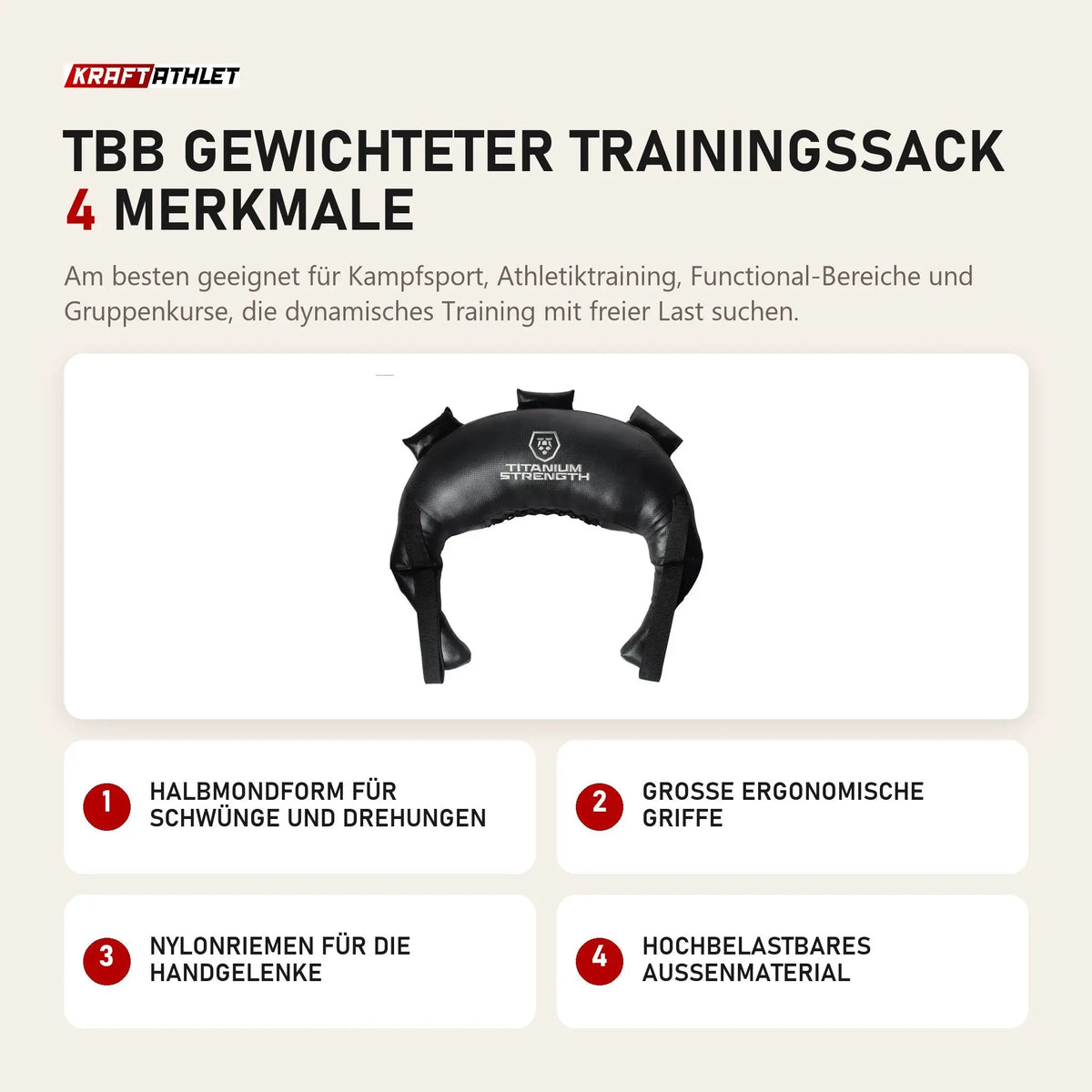 Titanium Strength TBB Gewichteter Trainingssack mit 4 Merkmalen: Halbmondform für Schwünge und Drehungen, Große ergonomische Griffe, Nylonriemen für die Handgelenke, Hochbelastbares Außenmaterial