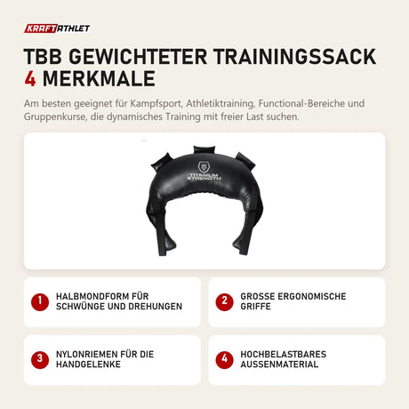 Titanium Strength TBB Gewichteter Trainingssack mit 4 Merkmalen: Halbmondform für Schwünge und Drehungen, Große ergonomische Griffe, Nylonriemen für die Handgelenke, Hochbelastbares Außenmaterial