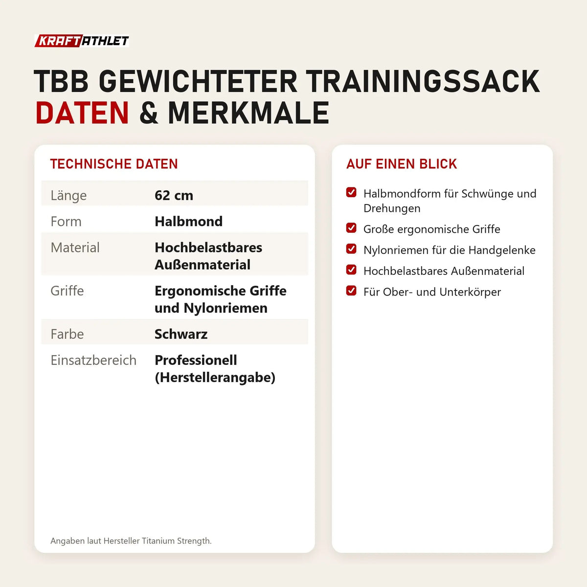 Technische Daten und Merkmale von Titanium Strength TBB Gewichteter Trainingssack als Tabelle