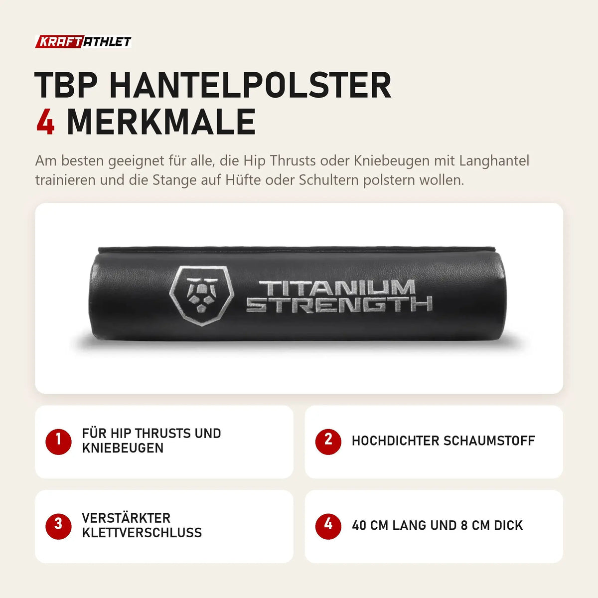Titanium Strength TBP Hantelpolster mit 4 Merkmalen: Für Hip Thrusts und Kniebeugen, Hochdichter Schaumstoff, Verstärkter Klettverschluss, 40 cm lang und 8 cm dick