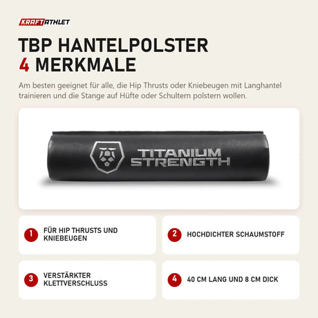 Titanium Strength TBP Hantelpolster mit 4 Merkmalen: Für Hip Thrusts und Kniebeugen, Hochdichter Schaumstoff, Verstärkter Klettverschluss, 40 cm lang und 8 cm dick