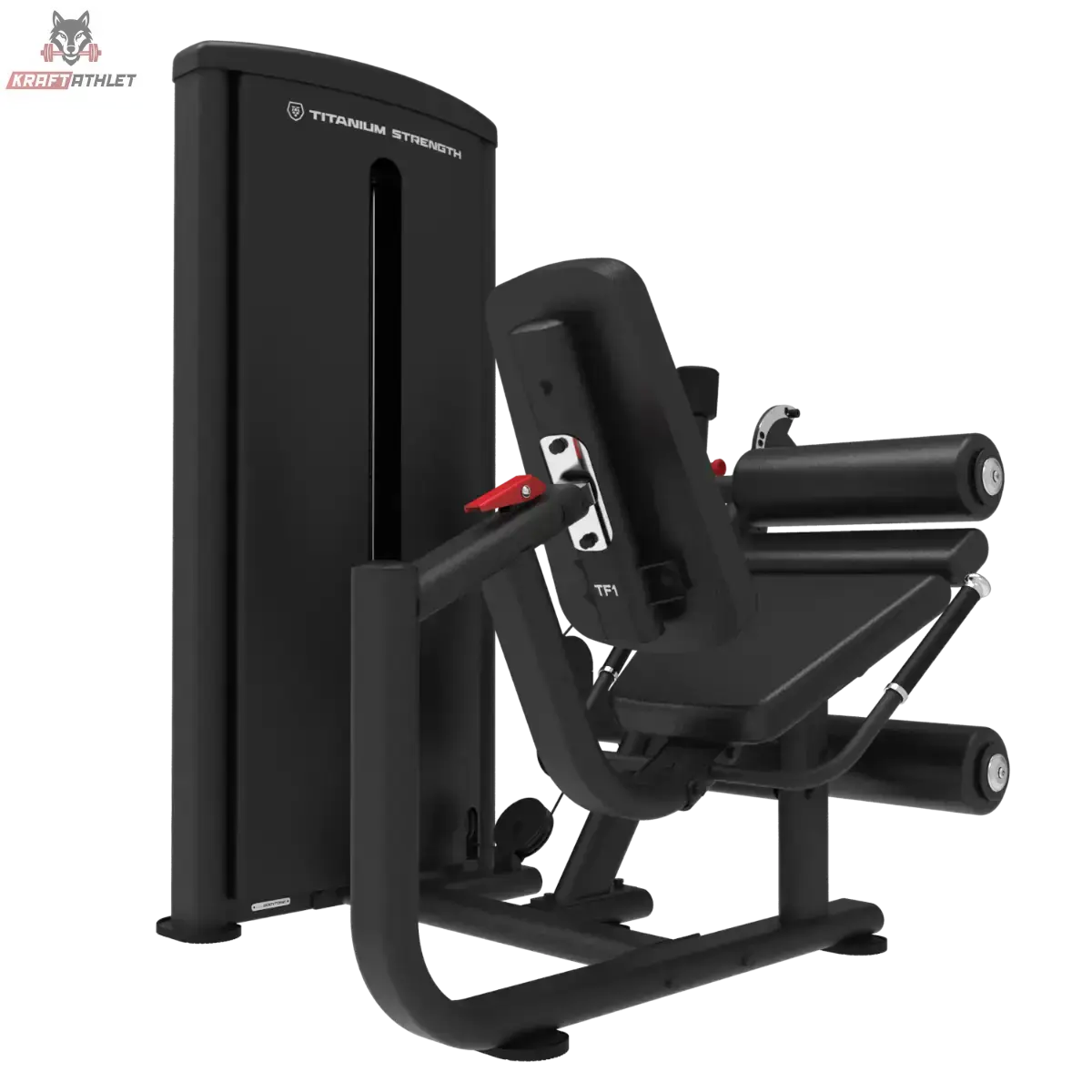 Titanium Strength TF1 Beinbeuger und Beinstrecker im Detail: Rückenlehne, Beinrolle und Einstellskala