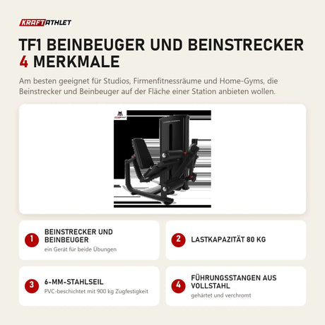 Titanium Strength TF1 Beinbeuger und Beinstrecker mit 4 Merkmalen: Beinstrecker und Beinbeuger, Lastkapazität 80 kg, 6-mm-Stahlseil, Führungsstangen aus Vollstahl