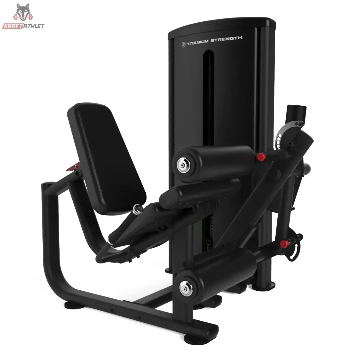 Titanium Strength TF1 Beinbeuger und Beinstrecker in Schrägansicht mit Sitz, Beinpolstern und Gewichtsturm