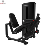 Titanium Strength TF1 Beinbeuger und Beinstrecker in Schrägansicht mit Sitz, Beinpolstern und Gewichtsturm