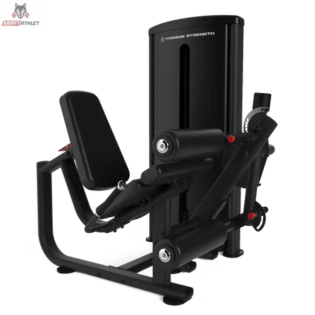 Titanium Strength TF1 Beinbeuger und Beinstrecker in Schrägansicht mit Sitz, Beinpolstern und Gewichtsturm