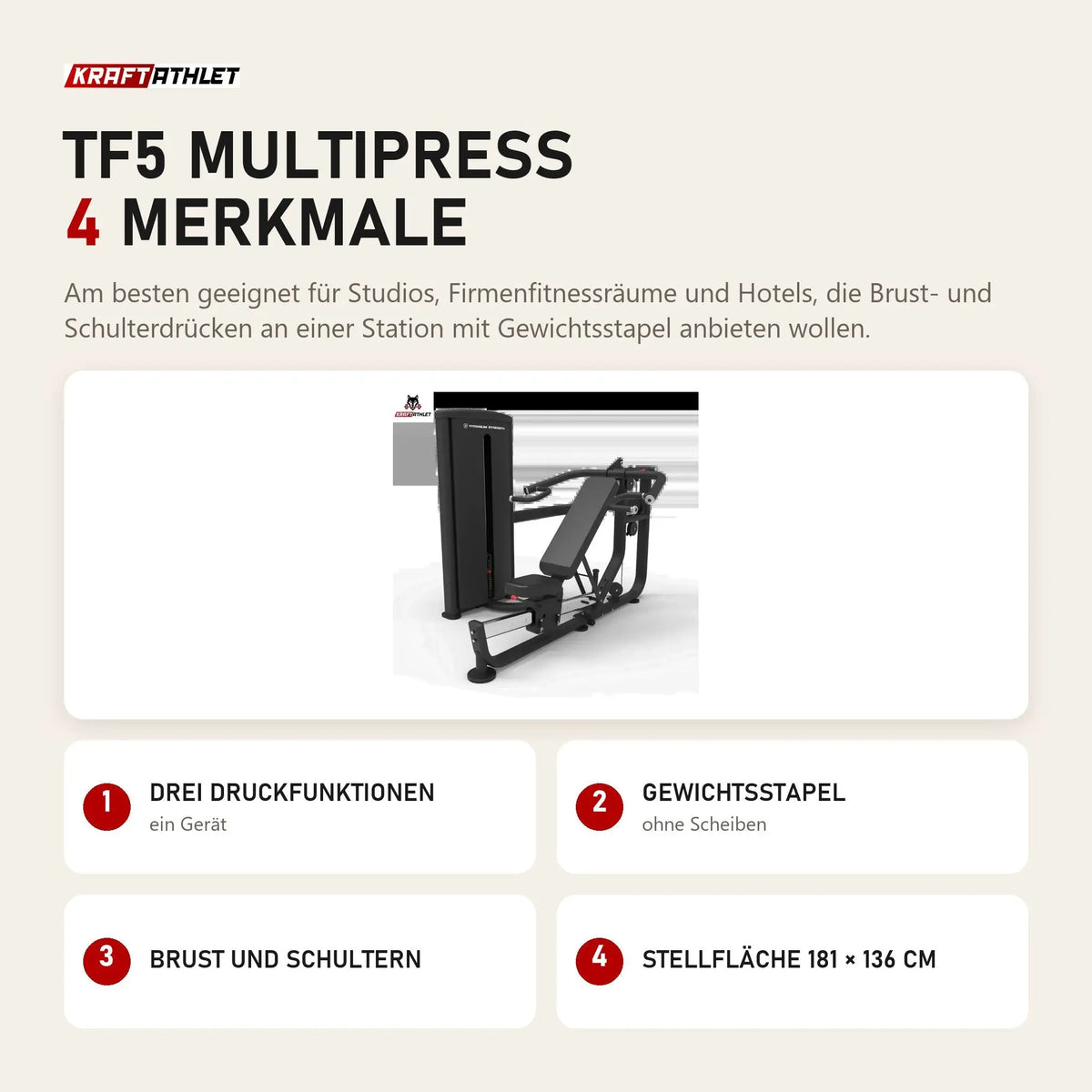 Titanium Strength TF5 Multipress mit 4 Merkmalen: Drei Druckfunktionen, Gewichtsstapel, Brust und Schultern, Stellfläche 181 × 136 cm