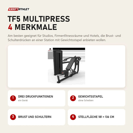 Titanium Strength TF5 Multipress mit 4 Merkmalen: Drei Druckfunktionen, Gewichtsstapel, Brust und Schultern, Stellfläche 181 × 136 cm