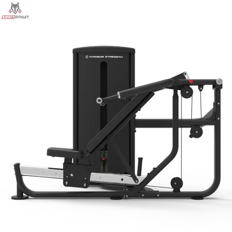 Titanium Strength TF5 Multipress in Schrägansicht mit Gewichtsturm, Führungsschiene und Hebelarm, schwarz