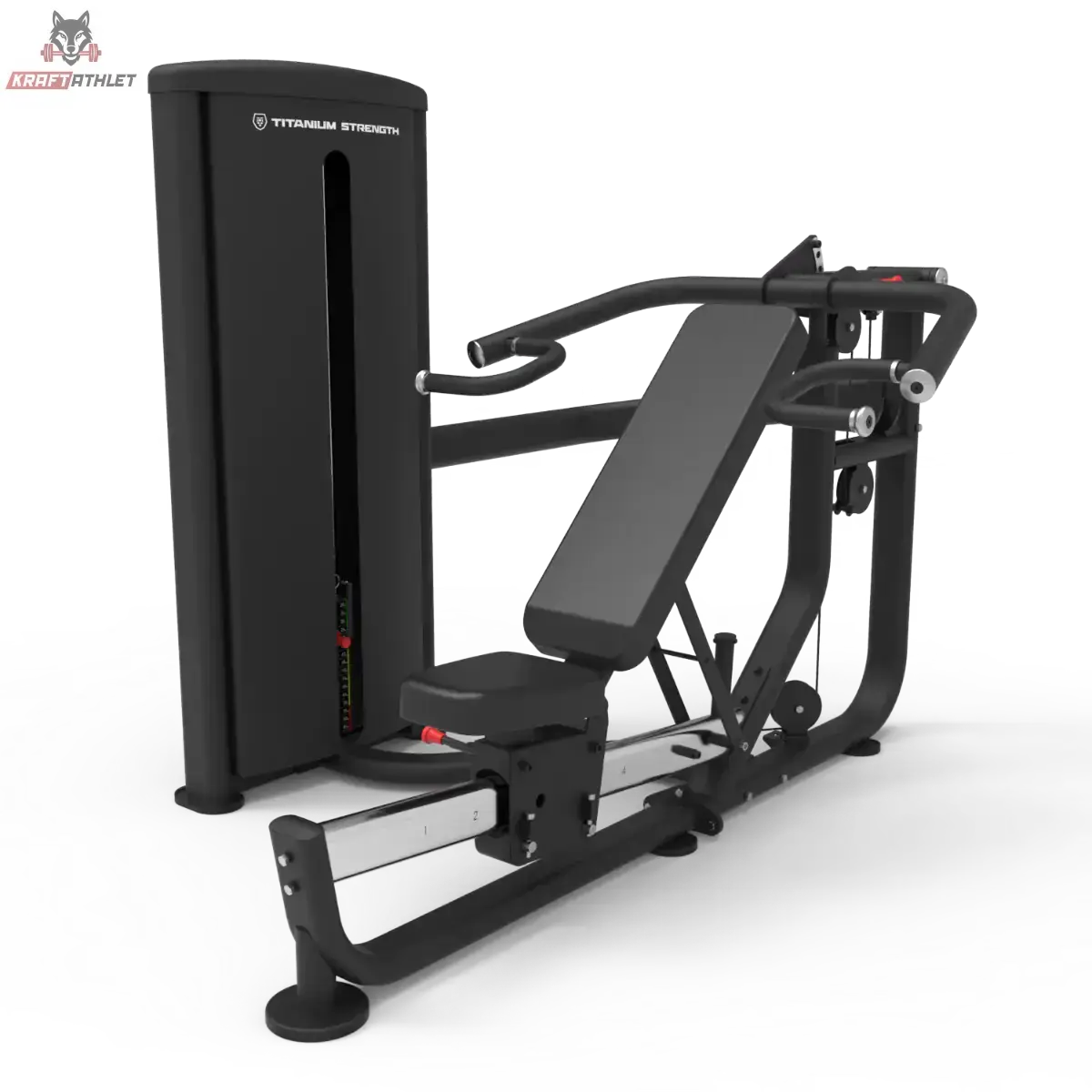 Titanium Strength TF5 Multipress in Seitenansicht mit verstellbarer Rückenlehne und Pressarmen, schwarz