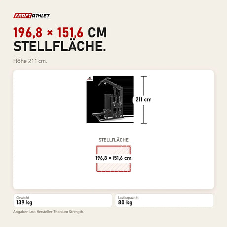 Maßbild Titanium Strength TF6 Lat Pulldown & Row: Stellfläche 196,8 × 151,6 cm, Höhe 211 cm